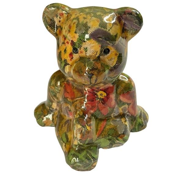 Joan Baker Designs Porcelain Patchwork Floral Bear 6.5” Multicolor Fabric Art - Picture 1 of 8